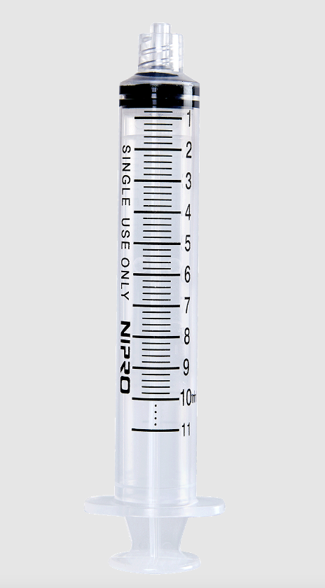 A Nipro 10cc (10ml) 23G x 1" Luer-Lock Syringe and Hypodermic Needle Combo (25 pack), with a number on it, featuring luer lock functionality and compatible with hypodermic needles.