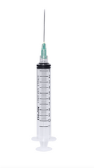 A Nipro 10cc (10ml) 21G x 1 1/2" Luer-Lock Syringe and Hypodermic Needle Combo (25 pack) with a hypodermic needle attached to it.
