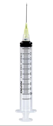A sterile Nipro 10cc (10ml) 20G x 1" Luer-Lock Syringe and Hypodermic Needle Combo (25 pack)