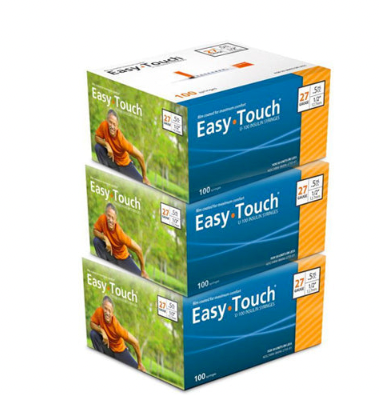 Three boxes of MHC EasyTouch Insulin Syringes 0.5cc (0.5ml) x 27G x 1/2" - 3 BOXES (300 SYRINGES) on a white background for bulk purchase discounts.