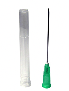 A plastic tube with a green tip and a Nipro 10cc (10ml) 23G x 1 1/2" Luer-Lock Syringe and Hypodermic Needle Combo (25 pack).