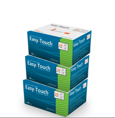 A stack of MHC EasyTouch Insulin Syringe boxes on a white background.