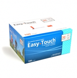 A box of MHC EasyTouch Insulin Syringes 0.5cc (0.5ml) x 30G X 1/2" - 1 BOX (100 SYRINGES) for comfortable injection on a white background.