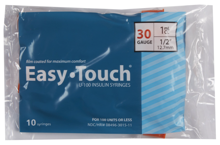 EasyTouch Insulin Syringes 1cc (1ml) x 30G x 1/2" - 1 BAG (10 SYRINGES)