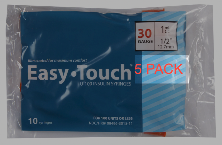 MHC EasyTouch Insulin Syringes 1cc (1ml) x 30G x 1/2" - 5 BAGS (50 SYRINGES) package with Injection.