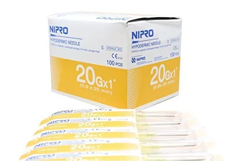 Nipro 3cc (3ml) 20G x 1" Luer-Lock Syringe & Hypodermic Needle Combo (50 pack) syringes in a box.