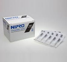 A box of Nipro 3cc (3ml) 22G x 1" Luer-Lock Syringe & Hypodermic Needle Combo (50 pack) on a white background.