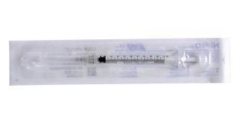 A Nipro 1cc (1ml) 27G x 1/2" Slip-Tip Syringe & Hypodermic Needle Combo (50 pack) with a needle in it.