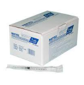 A Nipro 1cc (1ml) 27G x 1/2" Slip-Tip Syringe & Hypodermic Needle Combo (50 pack) box containing a needle.