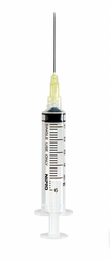 A Nipro 5cc (5ml) 20G x 1" Luer-Lock Syringe & Hypodermic Needle Combo (50 pack) with a hypodermic needle attached to it.