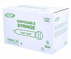 A box of HealthyKin 5cc (5ml) Luer-Lock Syringe - NO NEEDLE (1 Box-100 Syringes), including hypodermic needles, on a white background.