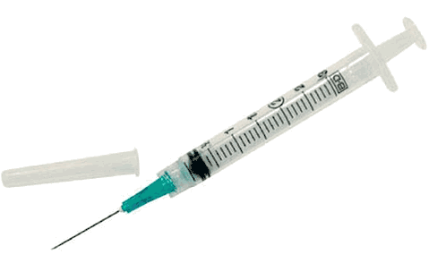A MedNeedles/MedPlus BD 3cc (3ml) 21G x 1" Luer-Lok Syringe w/ PrecisionGlide Needle (10 pack) with a needle attached to it.