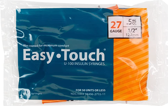 EasyTouch Insulin Syringes 0.5cc (0.5ml) x 27G x 1/2" - 5 BAGS (50 SYRINGES)