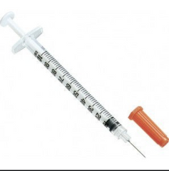 A sterile syringe with a needle, specifically NDC Exel U-100 Comfort Point Insulin Syringes 1cc x 31g x 5/16" (1 Box/100 Syringes), that is also latex-free.