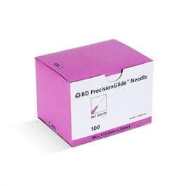 A pink box containing MedPlus BD PrecisionGlide Hypodermic Needles 18G x 1" (50 Pack), including an 18 G luer tip needle.