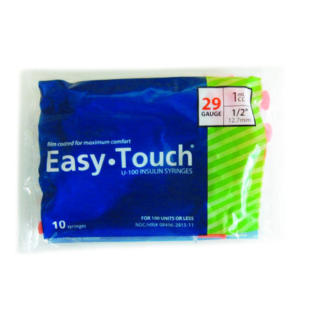 A package of MHC EasyTouch Insulin Syringes 1cc (1ml) x 29G x 1/2" - 1 bag (10 SYRINGES) on a white background, perfect for injections and insulin administration.