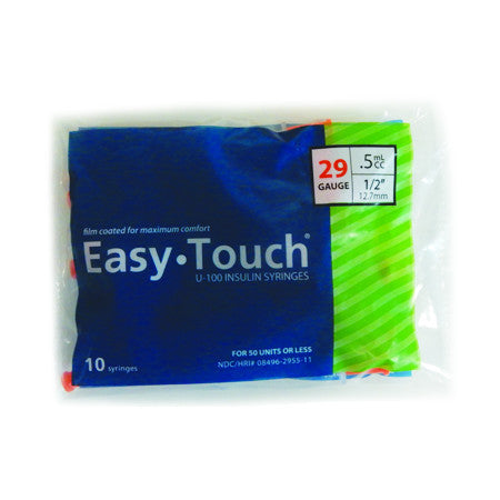 A package of MHC EasyTouch Insulin Syringes 0.5cc (0.5ml) x 29G x 1/2" - 1 bag (10 SYRINGES) on a white surface.