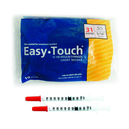 A package of MHC EasyTouch Insulin Syringes and needles, providing comfortable injections for insulin administration.