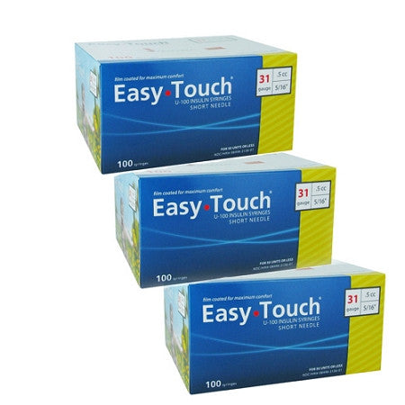 Three boxes of MHC EasyTouch Insulin Syringes 0.5cc (0.5ml) x 31G x 5/16" - 3 BOXES (300 SYRINGES) on a white background, providing a comfortable and easy-to-use solution for menstrual care.