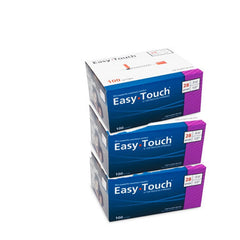 Three boxes of MHC EasyTouch Insulin Syringes 0.5cc (0.5ml) x 28G x 1/2" - 3 BOXES (300 SYRINGES) are stacked on top of each other, offering comfortable injection for insulin syringes.