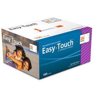 An MHC EasyTouch Insulin Syringes 1cc (1ml) x 28G x 1/2" - 1 BOX (100 SYRINGES) box on a white background, designed for comfortable injection.
