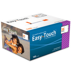 An MHC EasyTouch Insulin Syringes 1cc (1ml) x 28G x 1/2" - 1 BOX (100 SYRINGES) box on a white background, designed for comfortable injection.