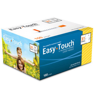 A box of high quality EasyTouch Insulin Syringes 1cc (1ml) x 31G x 5/16" - 1 BOX (100 SYRINGES) by MHC on a white background.