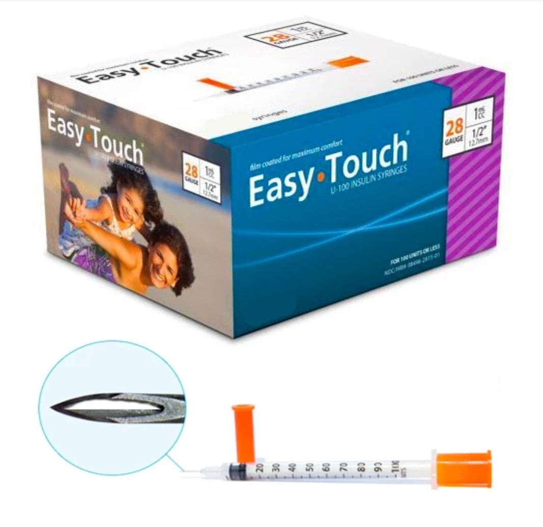 EasyTouch Insulin Syringes 1cc (1ml) x 28G x 1/2" - 5 BAGS (50 SYRINGES)