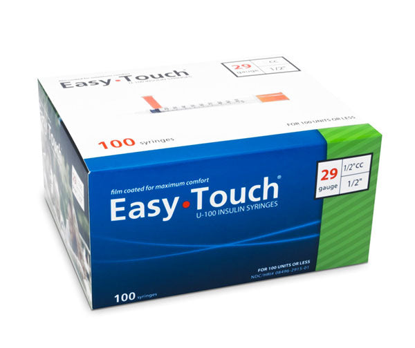 An MHC EasyTouch Insulin Syringes 0.5cc (0.5ml) x 29G x 1/2" - 1 BOX (100 SYRINGES) box on a white background.