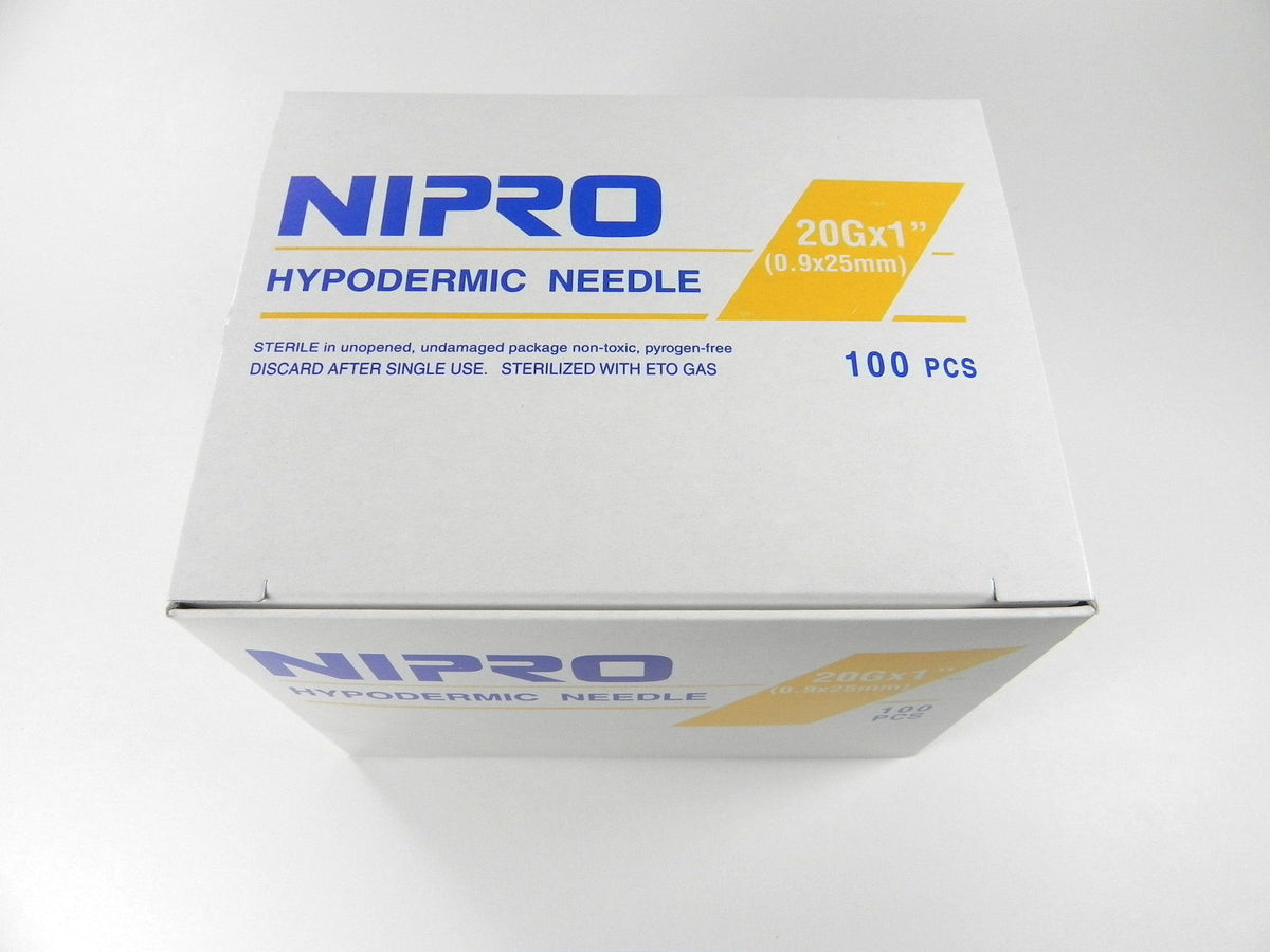 A box of sterile Nipro Disposable Hypodermic Needles 20G X 1" (50 Pack) on a white surface.