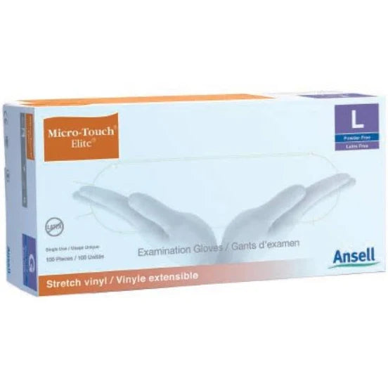 A box of NDC Ansell MICRO-TOUCH® ELITE® Powder-Free Synthetic Medical Exam Gloves (LRG).