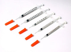 Five high-quality MHC EasyTouch Insulin Syringes 1cc (1ml) x 27G x 1/2" - 1 BAG (10 SYRINGES), featuring orange needles on a white surface.